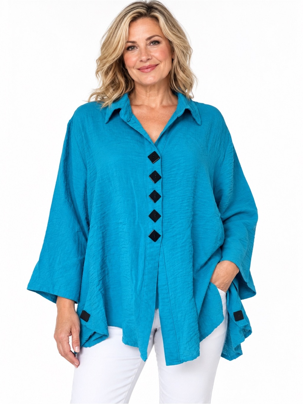 Yushi Blue Crinkle Long Sleeve Tunic Top Size XL Lagenlook Black Button Accents